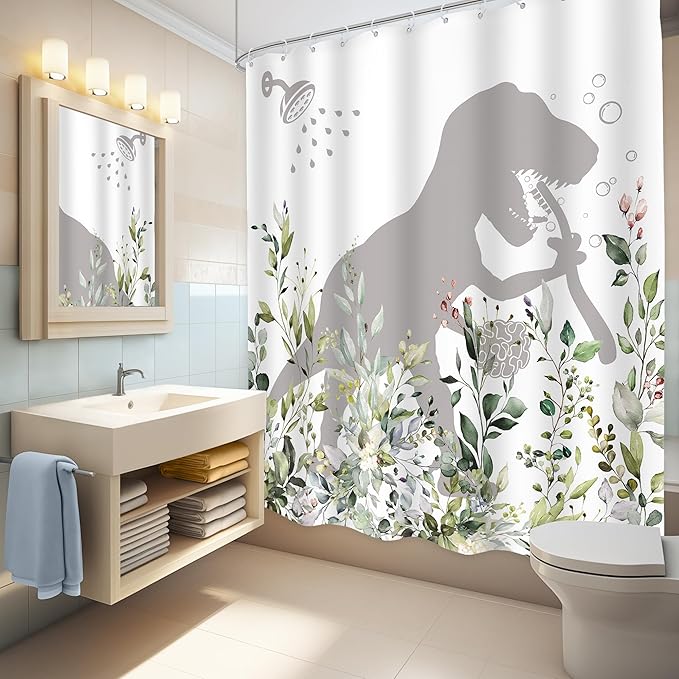 LGhtyro Dinosaur Eucalyptus Kids Shower Curtain Bathroom Set 60Wx71H Inches Funny Dino Bathing Silhouette Rustic Plant Leaves Floral Bath Accessories Botanical Leaf Art Home Decor Fabric 12 Pack Hooks