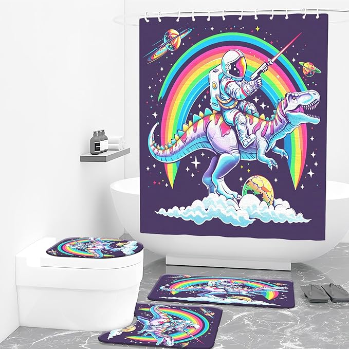 4PCS Dinosaur Shower Curtain Set with 12 Hooks for Bathroom Sets Dinosaur Decor, Non-Slip Rugs and Toilet Mat Lid Rug, Durable Waterproof for Bathroom Astronaut Rides Dinosaur Decor 72x72 Inch
