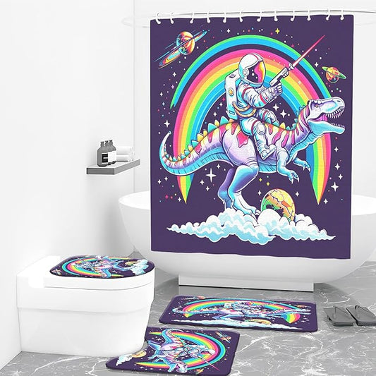 4PCS Dinosaur Shower Curtain Set with 12 Hooks for Bathroom Sets Dinosaur Decor, Non-Slip Rugs and Toilet Mat Lid Rug, Durable Waterproof for Bathroom Astronaut Rides Dinosaur Decor 72x72 Inch