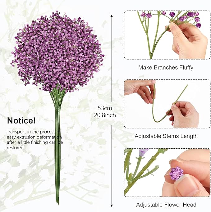 N&T NIETING Babys Breath Artificial Flowers Bulk, 10Pcs Fake Gypsophila Bouquet Flowers Real Touch Faux Babies Breath Arrangement for Wedding Floral Party Home Centerpieces Vase Decoration, Purple