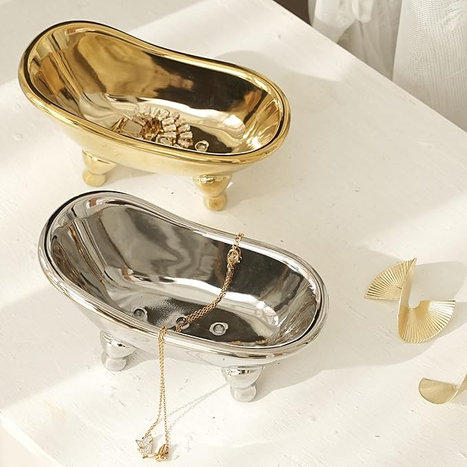 5.6" Ceramic Mini Bathtub Soap Dish Decortative Clawfoot Bathroom Soap Dish (Golden)