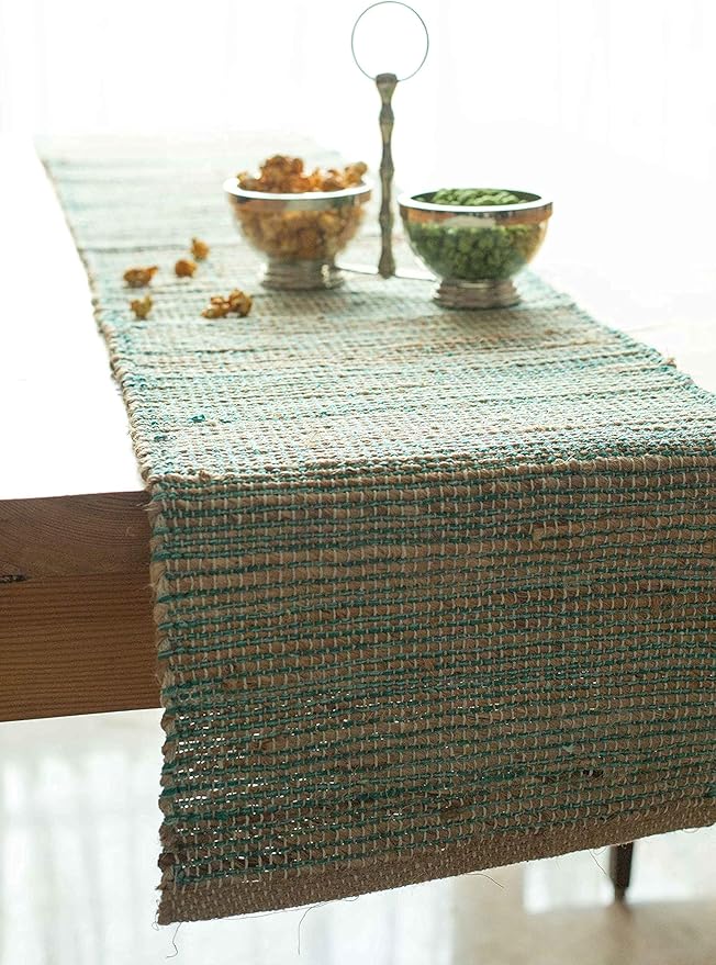 Chardin home Natural Jute Table Runner 13x90 Inch – Vintage Boho Rustic Table Decor – Handwoven Jute Table Runner in Natural and Aqua – Farmhouse Dining or Console Table Accent