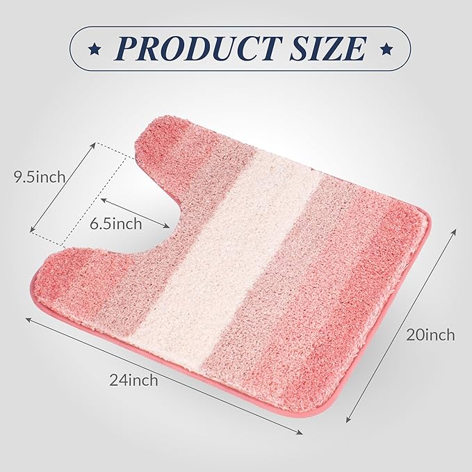 Walensee Contour Bath Rug (20 x 24, Ombre Pink) Non-Slip Water Absorbent Soft Microfiber Shaggy U-Shape Toilet Rug