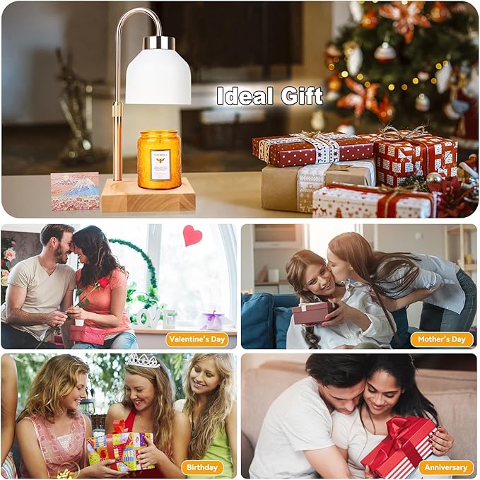 Candle Warmer Lamp with 3 Bulbs, Adjustable Height Dimmable Candle Warmer with Timer, Compatible with Large Jar Candles, Candle Lamp with Charming Gift Box Ribbon for Her/Him(White)
