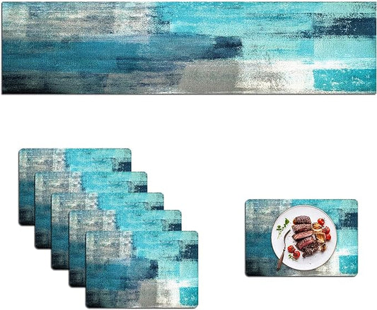 Mcalk Farmhouse Turquoise Table Runner and Placemats Set of 6 Pieces,Teal Turquoise Placemats Modern Art,Blue Grey Abstract Art Cloth Place Mats for Kitchen,Linen Material for Dining Table
