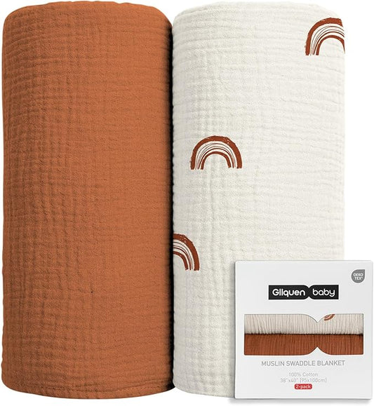 GLLQUEN BABY Muslin Swaddle Blankets for Boys and Girls, 2-Pack Baby Blankets for Girl Boy, Baby Receiving Blanket, Baby Swaddle Blanket Unisex, Newborn Essentials, Registry & Gift