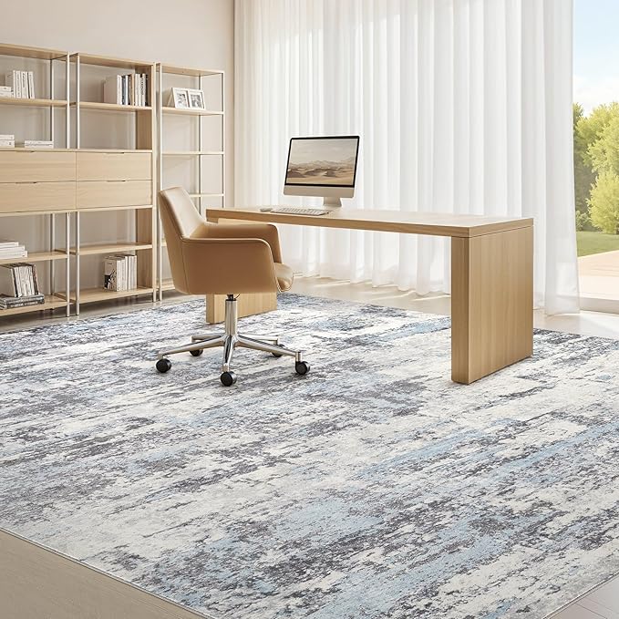 Area Rugs for Living Room: 8x10 Abstract Washable Rug Modern Neutral Large Soft Stain Resistant Non-Slip Backing Machine Table for Bedroom Dining Room Indoor Home Office Carpet - Blue Grey