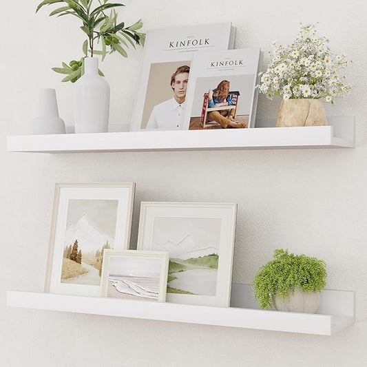 Picture Ledge Shelf, Solid Pine Wood Rustic Floating Shelves for Wall, 24 Inch Floating Shelves with Lip for Bedroom Kitchen Living Room Nursery Display Wall Decor, Set of 2 (White)
