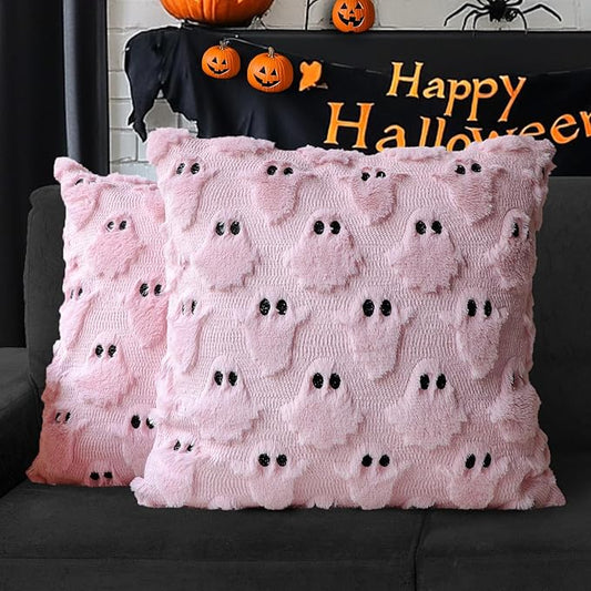 4TH Emotion Halloween Ghost Decorative Pillow Covers 16x16 Set of 2, Pink Soft Plush Faux Fur Farmhouse Throw Cushion Cases for Fall Autumn Holiday Home Decorations