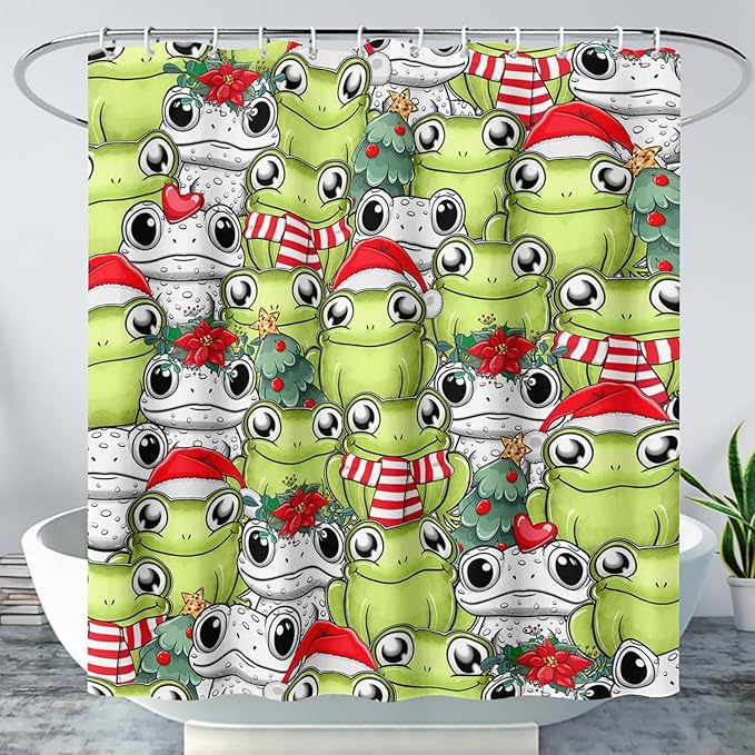 AILONEN Cute Cartoon Frog Shower Curtain,Funny Frog White Green Animal Frog Bath Curtain for Kids Boys Girls,Waterproof Curtain for Bathroom with 12 Plastic Hooks, 60" W x 72" H