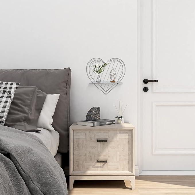Afuly Wall Shelf Metal Grey Floating Shelves Heart Design Small Shelf Storage Rack Modern Romantic Farmhouse Style Cute Fancy Unique Nursery Room Bathroom Bedroom Wall Decor