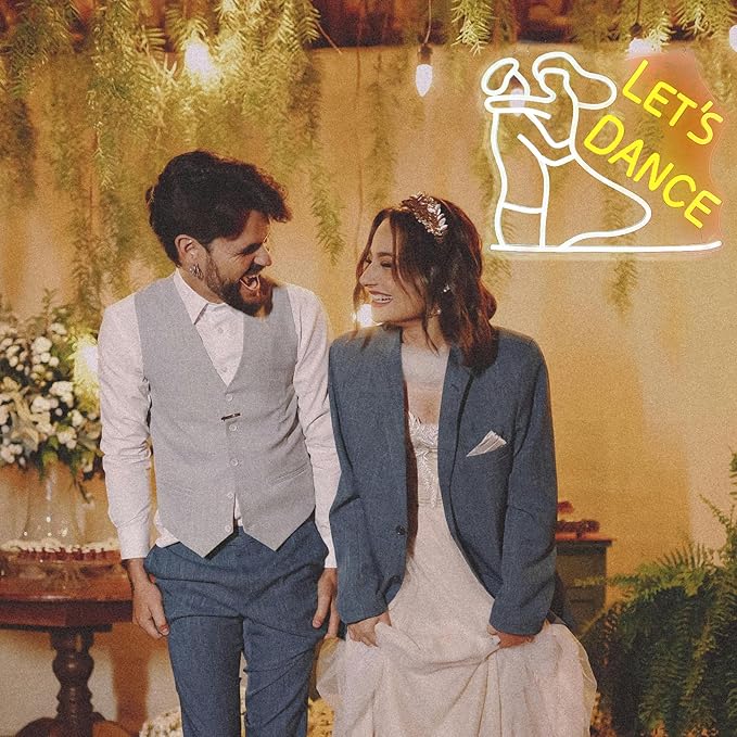 Let's Dance Neon Sign for Wedding, Birthday, Bedroom Wall Decor, Happy Hour, Good Vibes - Dimmable LED Light Strip, 5V Charger, User Manual