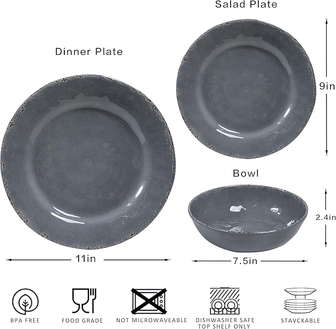 12 Pcs Vintage Melamine Dinnerware Sets, Durable Set Of 4 Plates and Bowls Set, Lightweight Dishes Dinnerware Sets for Indoor and Outdoor Use, BPA Free,Cool Gray