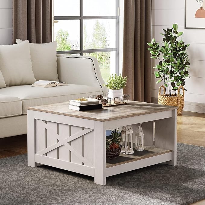 YITAHOME Coffee Table Farmhouse Coffee Table with Storage Rustic Wood Cocktail Table, Square Coffee Tables for Living Meeting Room with Half Open Storage Compartment, Grey Wash