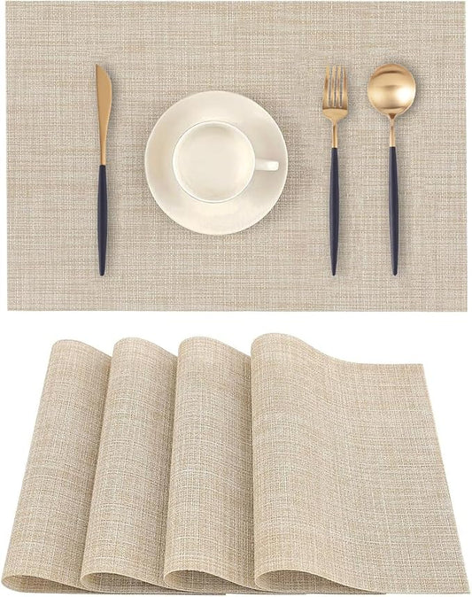 Beige Placemats Set of 4 - Heat Resistant Non-Slip Place mats for Dining Table, Washable Durable PVC Vinyl Woven Table Mats (Beige, 4)