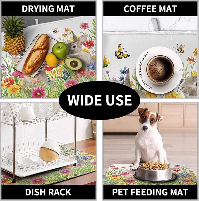 Easter Dish Drying Mat for Kitchen Counter Easter Bunny Flowers Dish Drying Pad Spring Rabbit Floral Dishes Drainer Mats Absorbent Microfiber Kitchen Countertop Protector Drying Mats 18x24 in