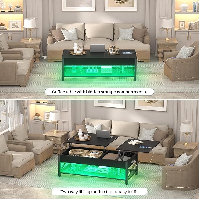 Aheaplus Black Lift-Top Coffee Table with LED Light, Power Outlets and Storage Shelf, 41.7"W x 19.69"L x 19.7"H