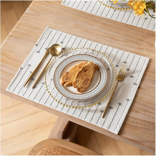 Placemats Set of 4 for Dining Table Décor, Woven Cloth Place Mats for Farmhouse Kitchen Tabletop, Handcrafted Machine Washable Cotton Table mats 13 x 19 Inch, Grey and Beige