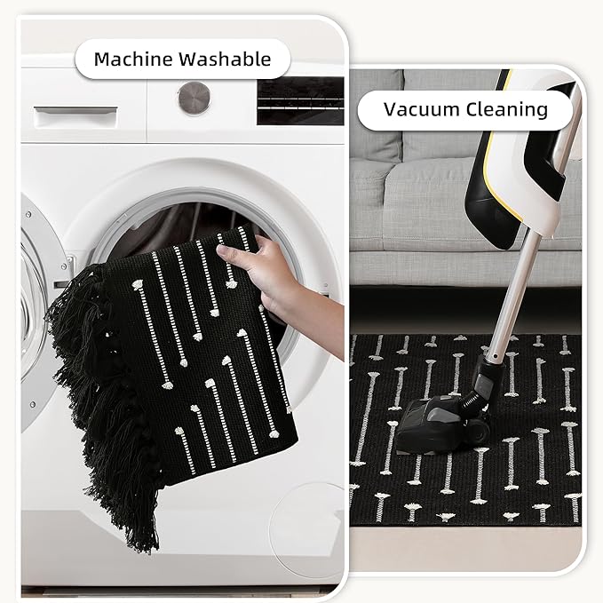 Tritard Boho Washable Area Rug 4x6 - Woven Cotton Lightweight Entryway Bedroom Throw Rugs with Tassels, Thin Farmhouse Aztec Indoor Carpet for Kitchen, Bathroom, Entrance, Living Room, Black White