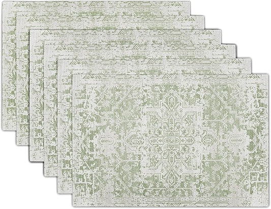 Gray Light Green Boho Placemats Set of 6 Ethnic Bohemian Carpet Place Mats Washable Kitchen Dining Vintage Grey Geography Floral Linen Table Mats Stain Heat-Resistant for Home Party Indoor 12x18 in