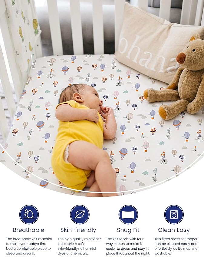 TotAha Premium Stretchy Crib Sheets (2-Pack)-Hypoallergenic, Silky Comfort, Buttery Soft, Calming Effect, All-Season Jersey-Knit Sheets, 28 X 52 X 9'' Extra Deep Pocket (Balloon & Sailboat)