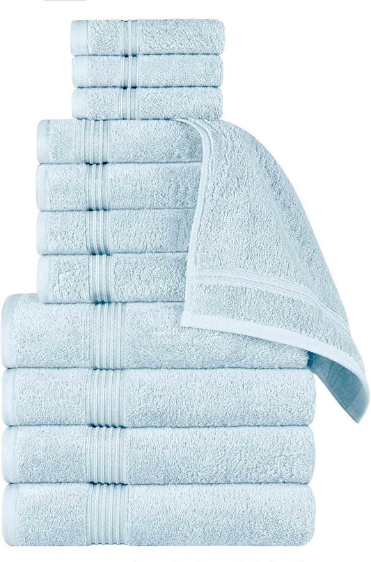 Superior Egyptian Cotton 12-Piece Towel Set, Assorted Towels for Home Bathroom, Guest Bath Decor Essentials, Includes 4 Bath, 4 Hand, 4 Face Towels/Washcloths, Quick Dry, Absorbent - Light Blue
