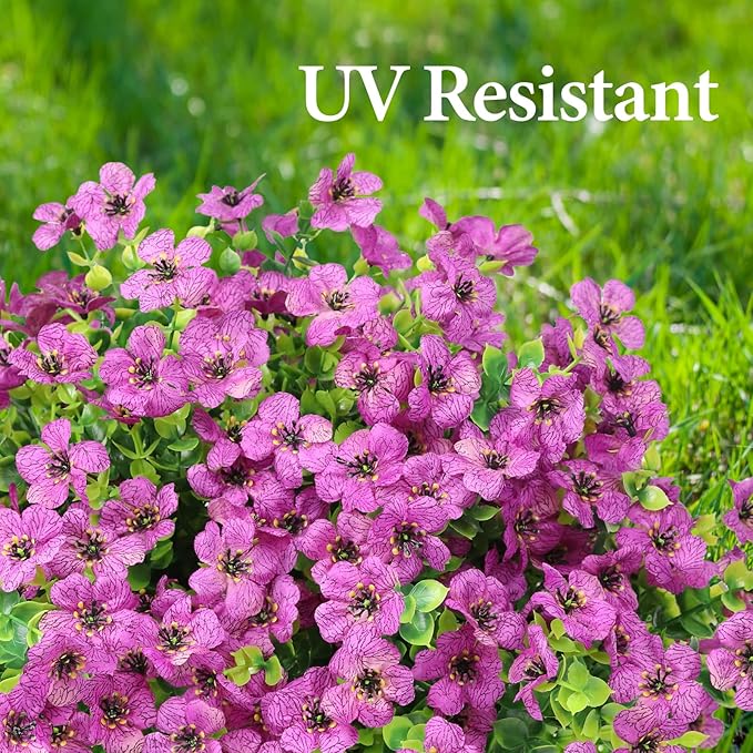 Artificial Flowers Outdoor Faux Plants UV Resistant 12 Bundles Fake Patio Flowers Plastic Greenery Plnats Outside Bulk for Spring Garden Hanging Planter Home Vase Decor, Purple