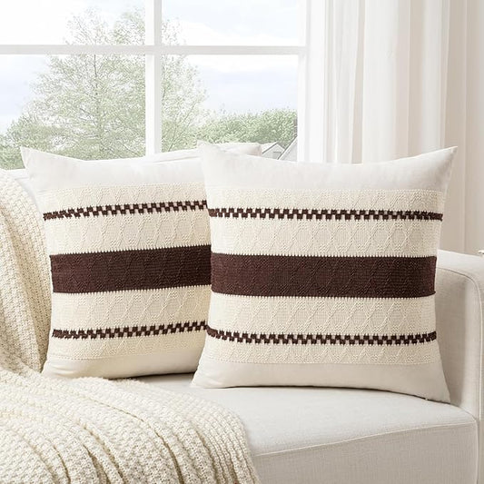 Fancy Homi Set of 2 Boho Brown Euro Decorative Throw Pillow Cover 26x26 Inch for Couch Bed Bedroom, Aesthetic Modern Organic Farmhouse Room Decor, Soft Cotton Accent Macrame Woven Cushion Case
