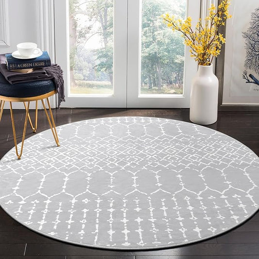 Lahome Moroccan Washable Round Rug - 4Ft Round Area Rugs for Bedroom Non-Slip Grey Stain Resistant Round Kitchen Rug, Modern Geometric Print Indoor Floor Circle Carpet for Entryway Living Room Sofa