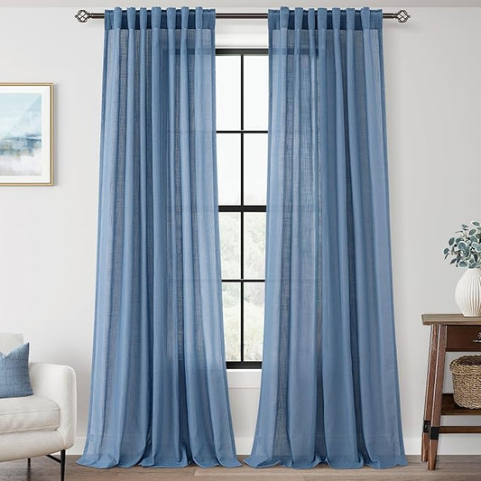 Denim Blue Curtains for Living Room Back Tab Modern Farmhouse Semi Sheer Blue Curtains 102 inches Long 2 Panels Set Muted Neutral Window Curtain for Dining Room Bedroom 52x102
