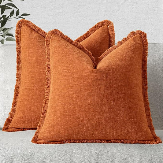 MIULEE Decorative Throw Pillow Covers Neutral Linen Fringe Throw Pillows Euro Shams Set of 2 Orange Boho Farmhouse Cushion Covers for Couch Sofa Bed Living Room Spring Home Decor 26x26 Inch