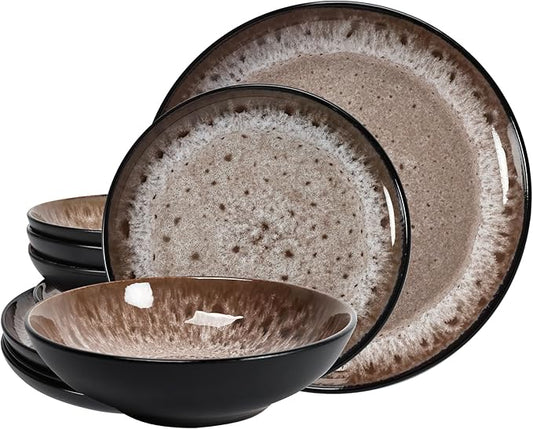 TUDOR ROYAL 12-Piece Round Dinnerware Set, Service for 4, REACTIVE GLAZE Collection, BROWN color, Plates Bowls Dishes, Premium Quality Tableware, Glossy, helps with weight loss