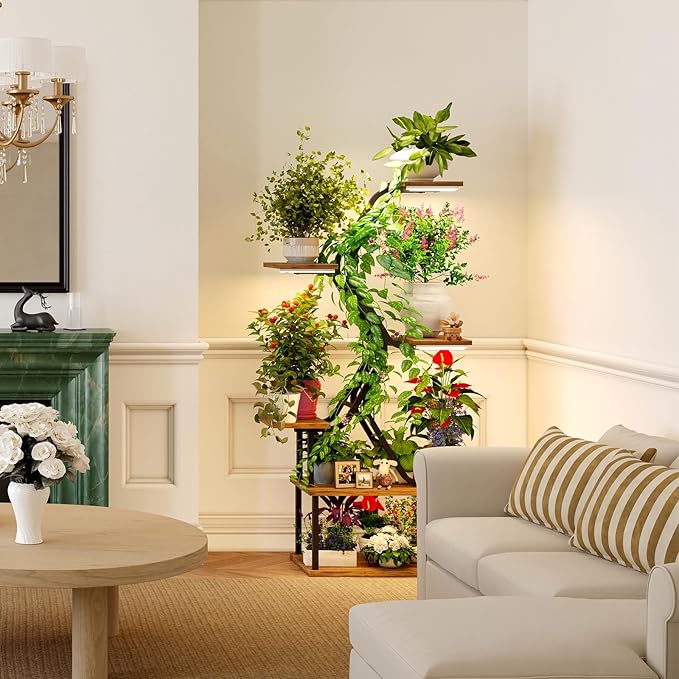 Black Plant Shelves with Grow Lights: 7-Tier 65" Tall Stand for Indoor Corners, Living Room Display or Bedroom Gardening Rack