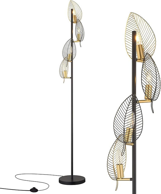 WOXXX Industrial Black Floor Lamp with 4 Brush Gold Finish Leaf Shade, Modern Tree Floor Lamps for Living Room Bedrooms Reading Standing Lamp Living Room Lamps Farmhouse Tall Lamp (4 Bulbs Included)