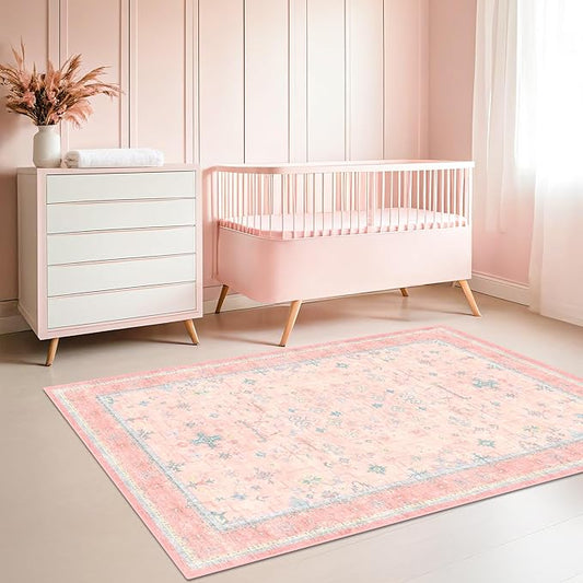 Nursery Area Rug 4x6 - Pink Rugs for Girls Bedroom, Living Room - Washable Low Pile Non-Slip Charming Boho Vintage Traditional Oushak Design, Perfect for Kids Rooms