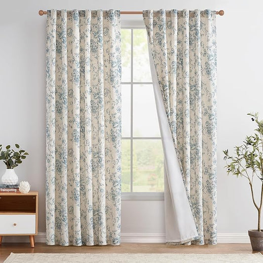 jinchan Lined Linen Blend Curtain Floral Curtains for Living Room 90 Inches Long Blue Peony Flower Printed Curtain Rod Pocket Back Tab Farmhouse Patterned Drapes Bedroom Window Curtains Set 2 Panels
