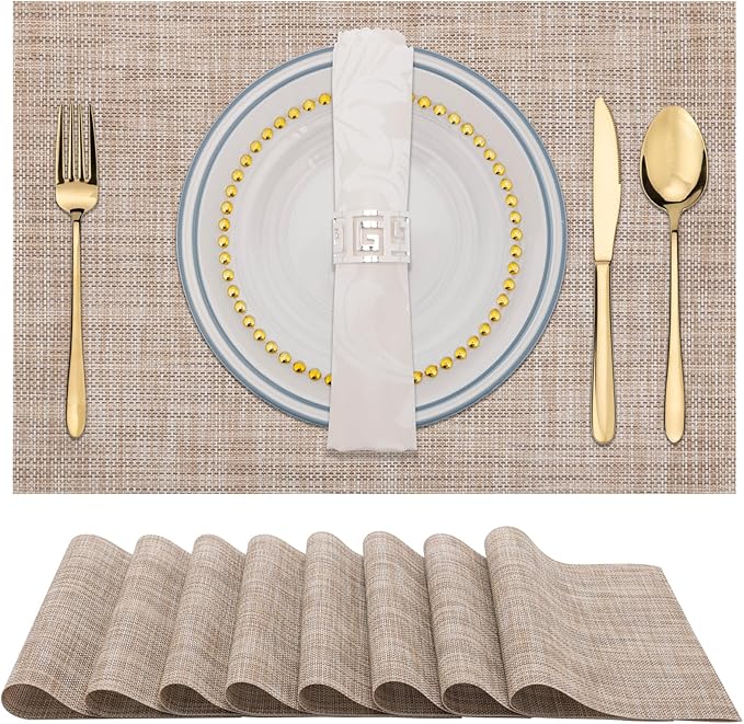 Winknowl Placemats Set of 8 Woven Vinyl Insulation Indoor Place mats for Dining Table, Washable Durable PVC Table Mats (Caramel)