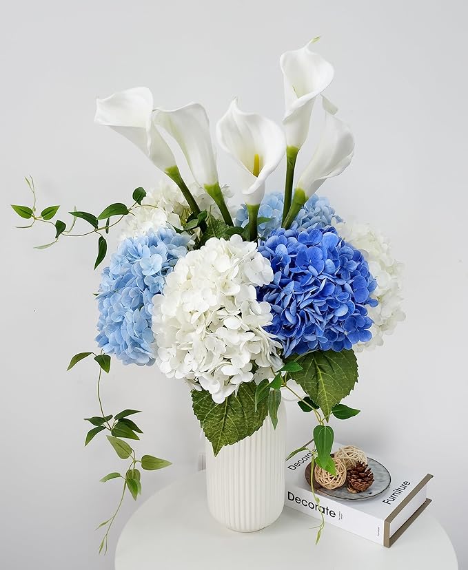Light Blue Flowers Real Touch Artificial Hydrangeas, 3Pcs 21”Large Royal Latex Silk Flowers,Long Stems Fake Flower Bouquet for Centerpieces Table Home Party