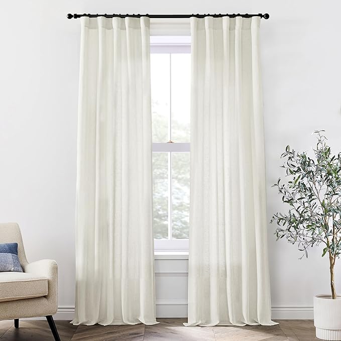 XTMYI 86 Inch Linen Curtains,2 Panels Set Semi Sheer Boho Back Tab Pleated Rod Pocket Curtain Drapes for Living Room Bedroom,Cream Ivory,40x86 in Long