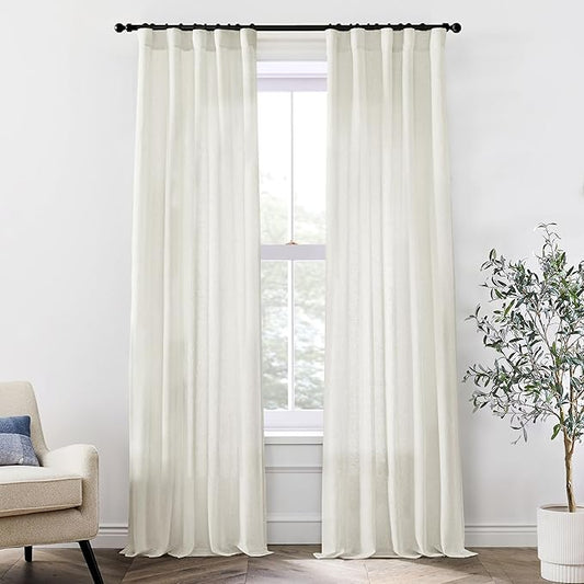XTMYI 86 Inch Linen Curtains,2 Panels Set Semi Sheer Boho Back Tab Pleated Rod Pocket Curtain Drapes for Living Room Bedroom,Cream Ivory,40x86 in Long
