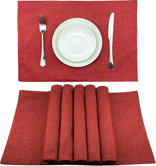 Weabetfu Cloth Placemats Set of 6 Heat Resistant Dining Table Placemmats Cotton Linen Machine Washable Kitchen Table Mats Wrinkle Free Thick Fabric Place Mat,Easy to Clean,13"x19",Burgundy