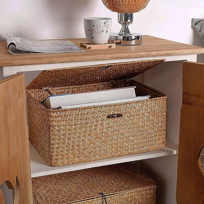 Wicker Storage Basket with Lid, Seagrass Storage Bins with Lids, Rectangular Handwoven Shelf Baskets with Lid for Home Organizer, Rattan Decorative Box for Clothes, Groceries, Snacks (S)