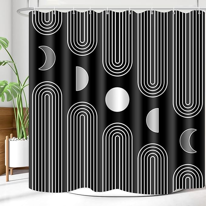 Boho Shower Curtains for Bathroom Mid Century Minimalist Abstract Aesthetic Modern Bathroom Decor Curtain Machine Washable Waterproof Fabric with 12 Hooks (Black Minimalist, 72" x 72")