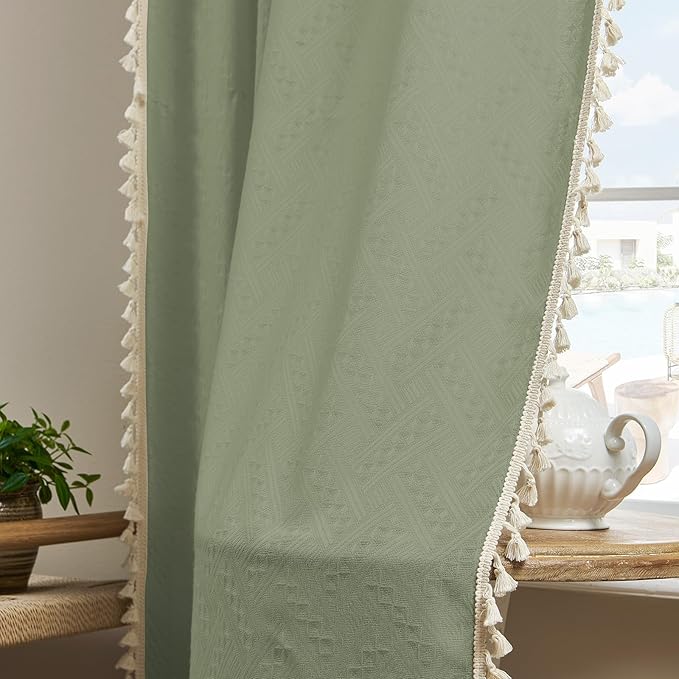 Joydeco Sage Green Boho Curtains 96 Inches Long 2 Panels, Super Soft Bohemian Farmhouse Curtains with Tassels, Semi Sheer Light Filtering Drapes for Bedroom Living Room (Rod Pocket, 52Wx96L)
