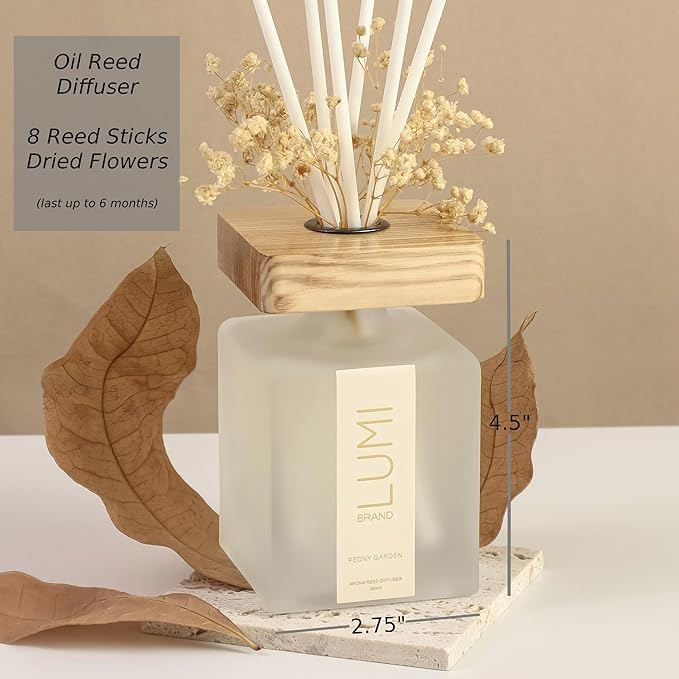 Luxury Aroma Set | Scented Reed Diffuser (200ml), Scented Wood Wick Soy Candle (200g), Aroma Room Spray (50ml), Includes Dried Flowers, 8 Reed Sticks - Home Fragrance Gift Set (Peony Garden)