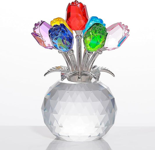 Colorful Rose Flower Crystal Figurine with Vase, Bouquet Flowers Ornament Gifts for Wife Girlfriend Women, Handmade Crystal Flower Collectible Home Table Decor for Valentine's Day Wedding Anniversary
