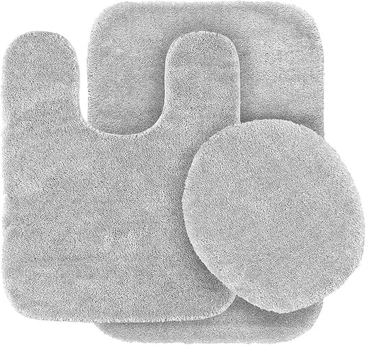 Mk Home LLC 3 Piece Bathroom Rug Set Bath Rug, Contour Mat & Lid Cover Non-Slip with Rubber Backing Solid Silver New
