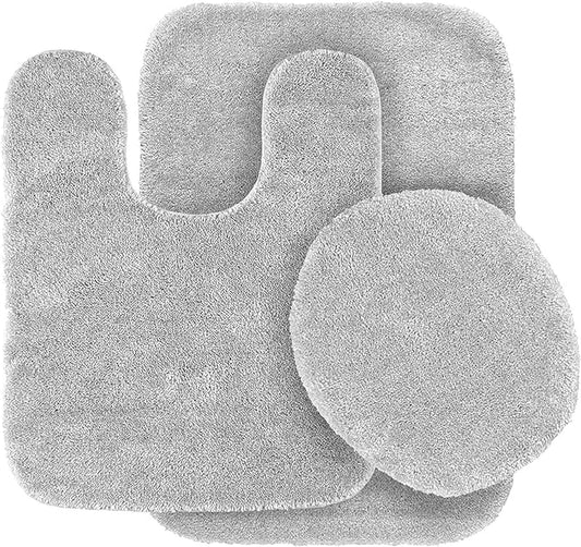 Fancy Linen 3pc Solid Non-Slip Bath Mat Set Bathroom U-Shaped Contour Rug, Mat and Toilet Lid Cover New # 6 (Silver/Light Grey)
