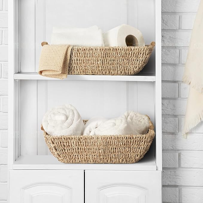 Artera Shallow Wicker Storage Basket - Medium Woven Seagrass Baskets with Wooden Handles for Bathroom, Kitchen Pantry Organizing, Perfect as Drawers, 15" x 10.6" x 5,3" (2, M)