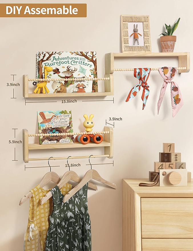 Nursery Floating Shelves for Wall, Set of 3 Book Shelves Natural Wood Wall Mounted Organizer with Towel Bar Hanging Bookshelves Nursery Decor for Kids Room, Bedroom and Kitchen